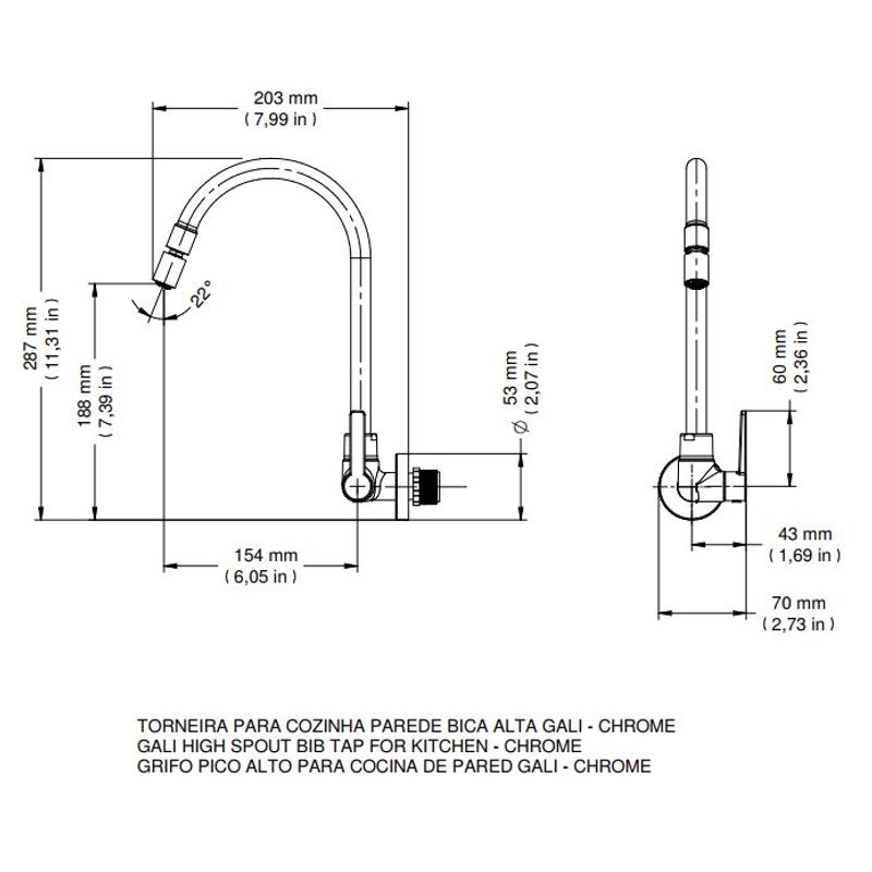 Docol 00801406 Torneira para Cozinha Parede Bica Alta, Cromado