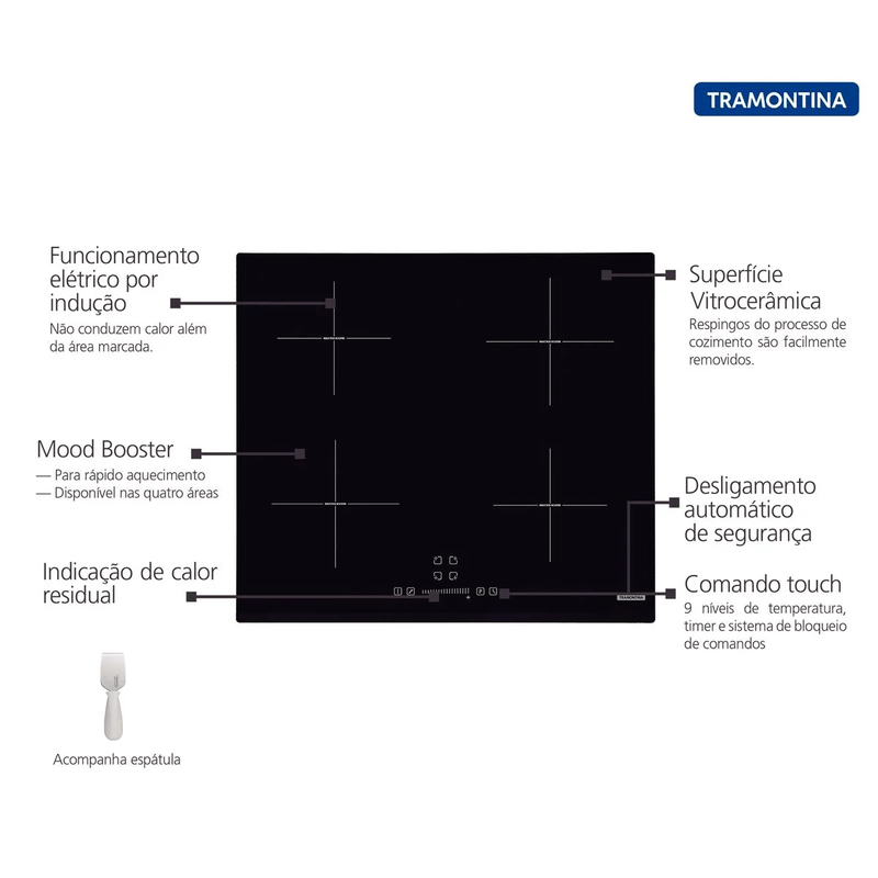 Cooktop por Indução com 4 Áreas de Aquecimento e Comando Touch Square Slider B 4EI Ref. 94750221 Black Tramontina