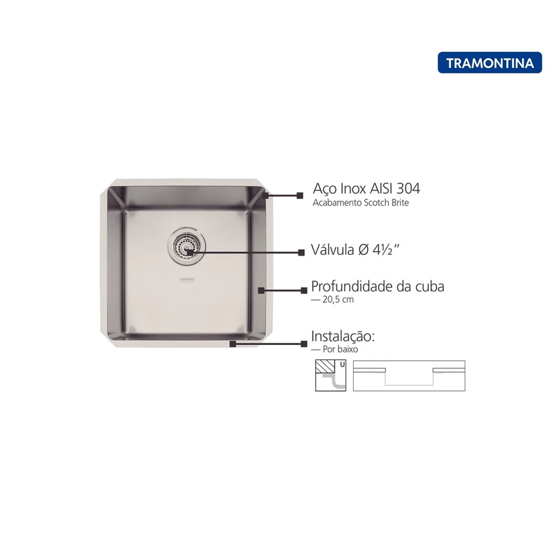 Cuba de 40x40cm com Válvula de 4.1/2" TDC Quadrum Ref. 94005112 Inox Tramontina