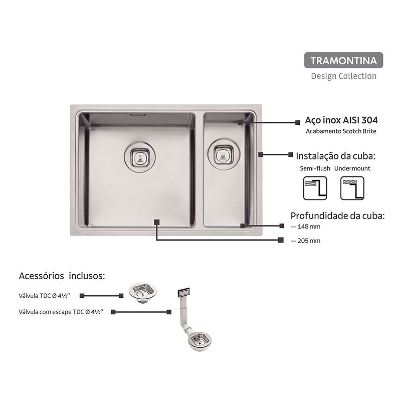 Cuba de 66x46cm com Válvula de 4.1/2" TDC Quadrum Ref. 94008103 Inox Tramontina