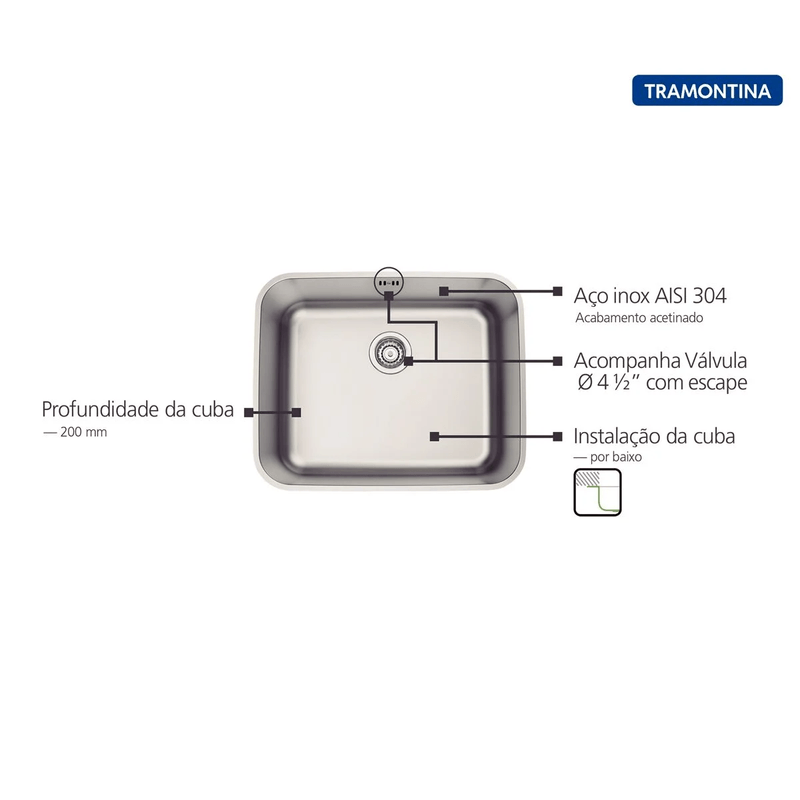 Cuba Retangular de 50x40x20cm com Válvula de 4.1/2" R6 Ref. 94018113 Inox Tramontina