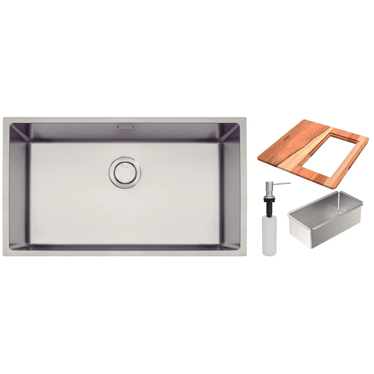 Cuba 70x40cm Tramontina Quadrum 70 Em Aço Inox Com Dosador de Sabão, Tábua e Cesto Tramontina