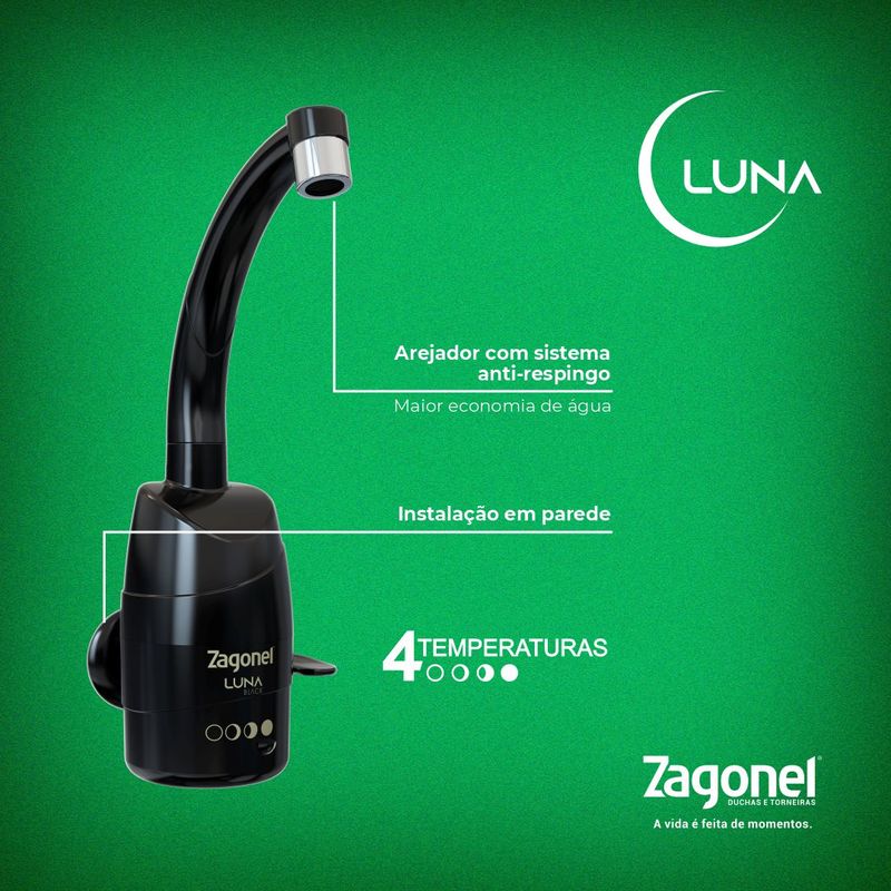 Torneira Eletrônica para Cozinha com 4 Temperaturas de 550w e 220v Luna Black Zagonel