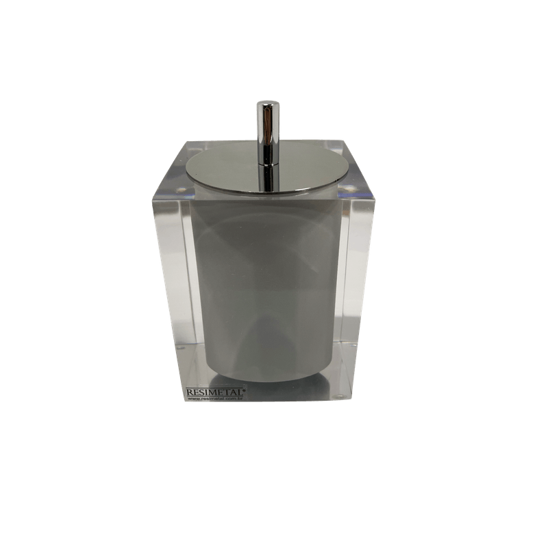 Porta Cotonetes com Acabamento Ponto Quadrada Cristal Cinza Claro/Cromado Resimetal