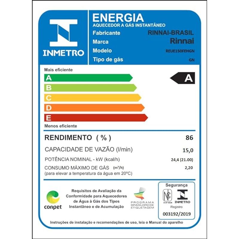 Aquecedor à Gás Digital REU-E150 FEH Gn de 15L Prata Rinnai
