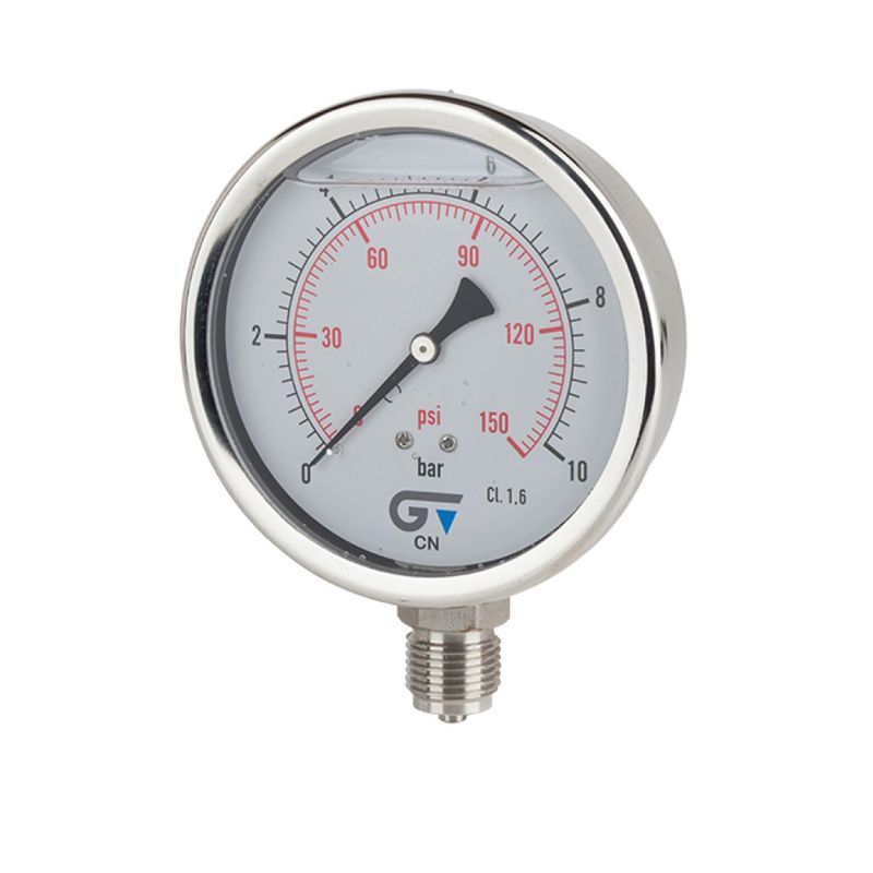 Manômetro com Glicerina em Inox DN63 com Saída Vertical e Rosca BSP de 1/4" de 0-10 Bar Genebre