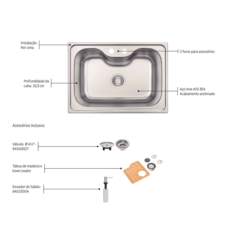 Cuba de Sobrepor com Acessórios 60 FX Morgana Ref. 93806132 Aço Inox Tramontina