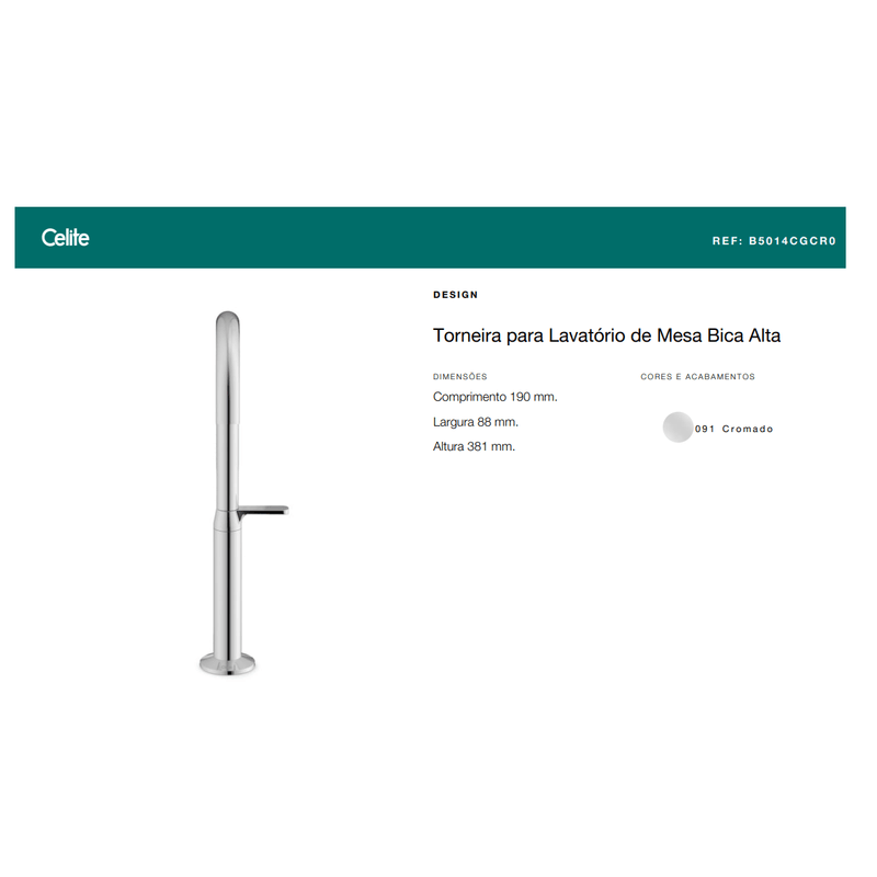 Torneira para Lavatório de Mesa com Bica Alta Design Cromado Celite