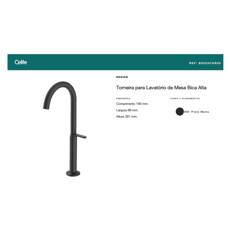 Torneira para Lavatório de Mesa com Bica Alta Design Preto Matte Celite