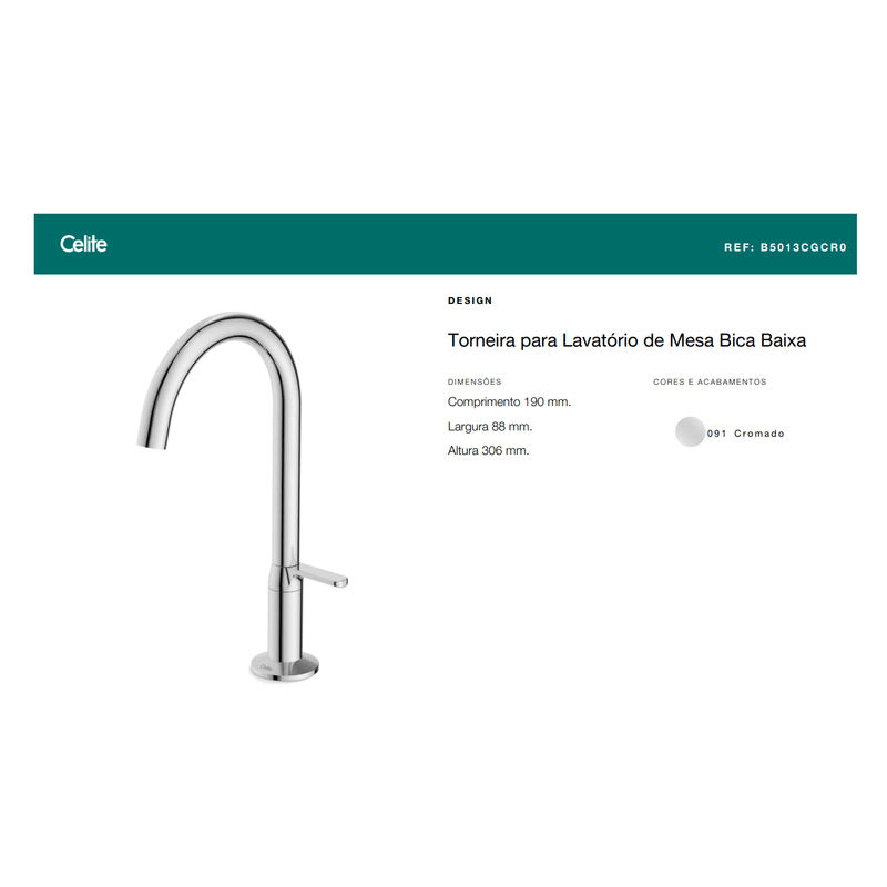 Torneira para Lavatório de Mesa com Bica Baixa Design Cromado Celite