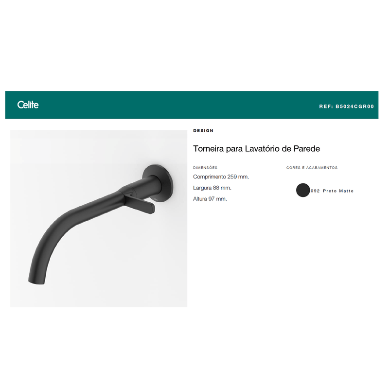 Torneira para Lavatório de Parede Design Preto Matte Celite