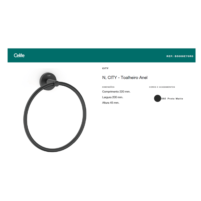 Porta Toalha Argola City Preto Matte Celite