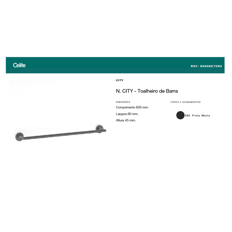 Porta Toalha Barra de 60cm City Preto Matte Celite