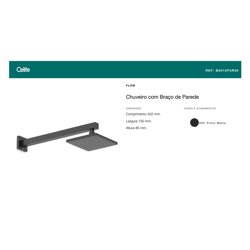 Chuveiro de Parede com Braço de 15cm Flow Preto Matte Celite
