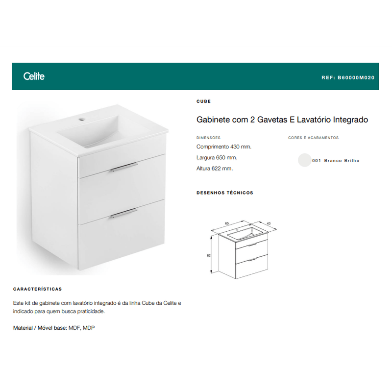 Gabinete com 2 Gavetas e Lavatório Integrado de 65x43cm Cube Branco Celite