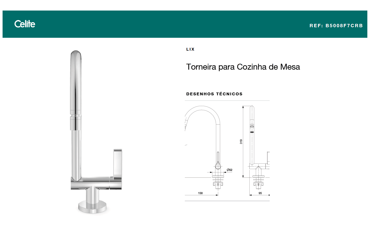 Torneira para Cozinha de Mesa Lix Cromado Celite - Casa Mimosa