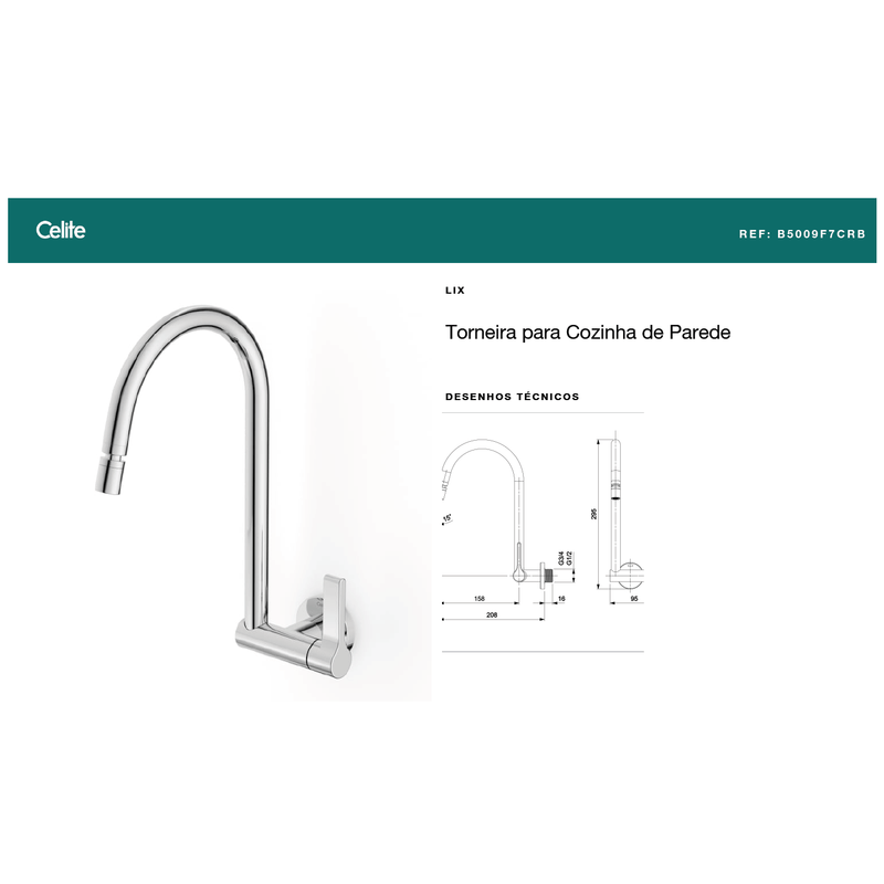 Torneira para Cozinha de Parede Lix Cromado Celite
