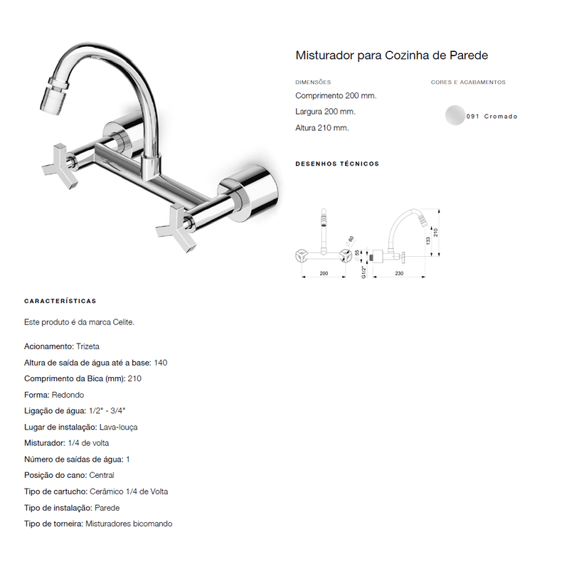 Misturador para Cozinha de Parede Up Cromado Celite