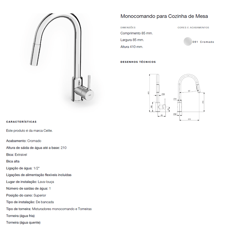Monocomando para Cozinha de Mesa Prática Cromado Celite