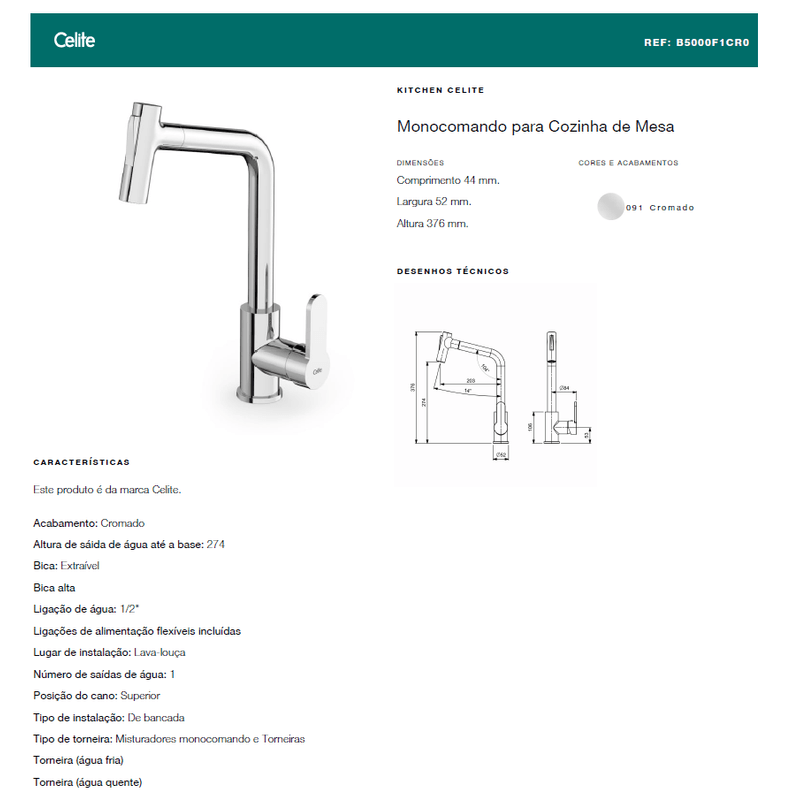 Misturador Monocomando para Cozinha de Mesa Kitchen Cromado Celite
