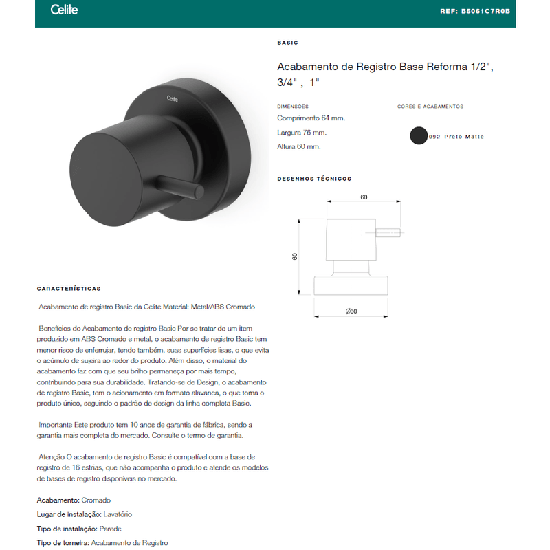 Acabamento para Registro Base Deca até 1" Basic Preto Matte Celite