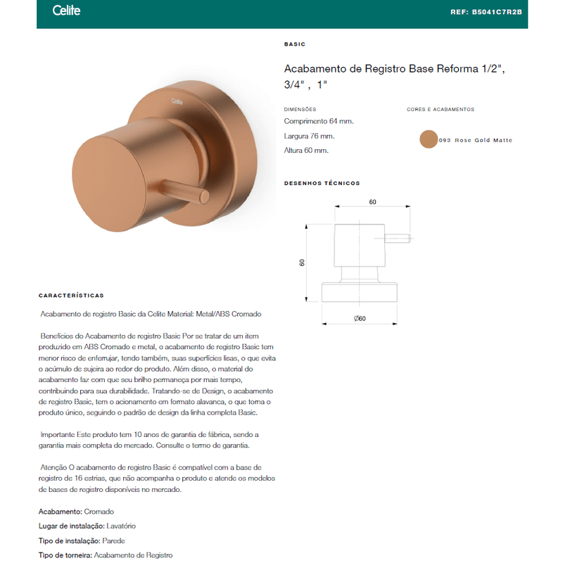 Acabamento para Registro Base Deca até 1" Basic Rose Gold Matte Celite