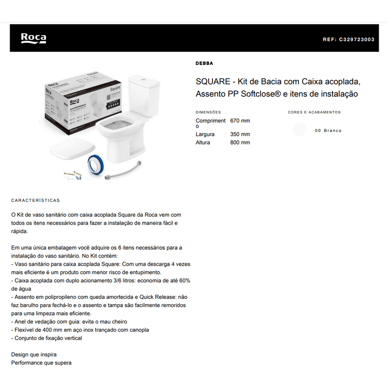 Kit Bacia com Caixa Acoplada e Acessórios Square Ref. C329723003 Branco Roca