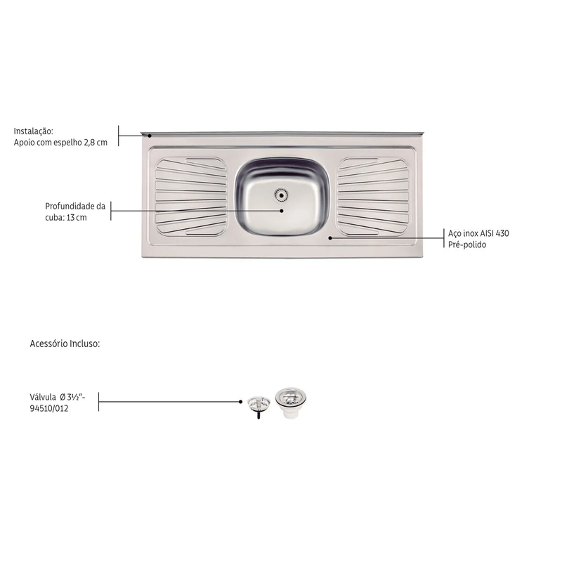 Pia de 120x52 com Válvula de 3.1/2" Raggi Ref. 93041527 Inox Tramontina
